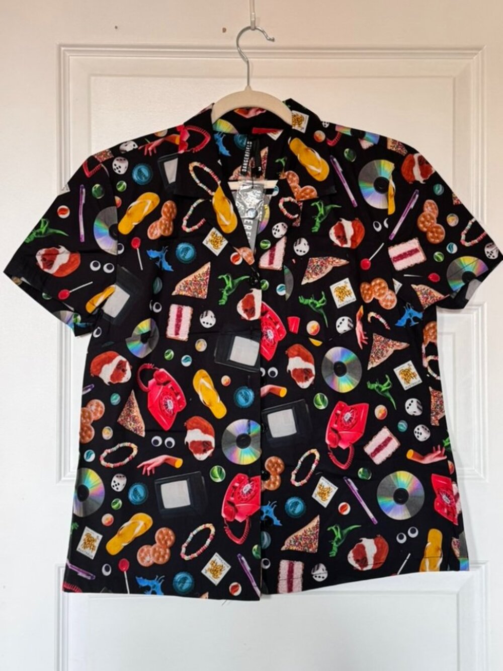 Dangerfield Organic Cotton Retro Black Novelty Print Button-Up Shirt Size 12 NWT
